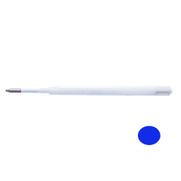 A pen refill with a white casing and blue ink, featuring a silver tip and a branding logo.