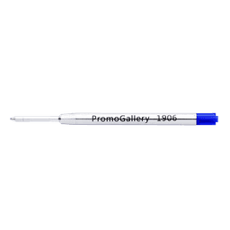 A ballpoint pen with a blue cap and silver barrel, featuring a logo on the side.