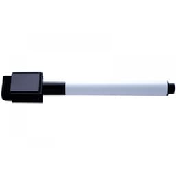 A slim magnetic whiteboard pen with a black end and a white barrel, featuring a branding logo.