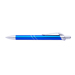 A blue pen with silver accents and a clip, featuring a sleek design and a shiny finish.