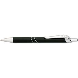 A black pen with silver accents and a clip, featuring a logo on its barrel.