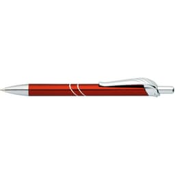 A red pen with a metallic finish and chrome accents. It features a clip and decorative lines.