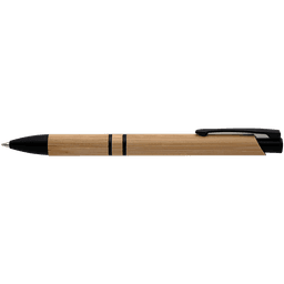 A bamboo pen featuring a natural wood finish and black accents. It includes a branding logo.