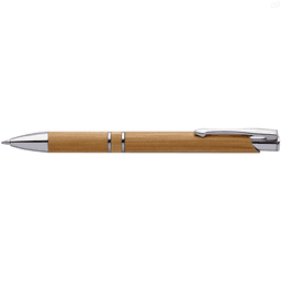 A bamboo pen with chrome accents, featuring a sleek design and smooth finish. It has a clip and decorative bands.