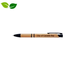 A bamboo pen with a black tip and grip, featuring a branding logo.