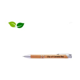 A bamboo pen with silver accents, featuring a branding logo and displaying a natural wood finish.