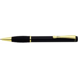 A black pen with gold accents and a textured grip, featuring a silver clip and logo.