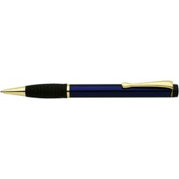 A blue and gold pen with a textured grip, featuring a logo on its side.