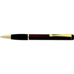A red and black pen with a gold clip and accents. The pen has a textured grip for comfort. It features a logo.