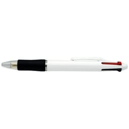 A four-colour pen with a white body, black grip, and red ink option. The pen has a smooth, sleek design.