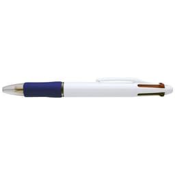 A white pen with blue, orange, and green ink components. It features a logo on its body.