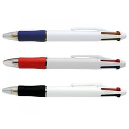 Three white pens with blue, red, and black ink options, featuring a logo on each pen.
