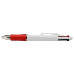 A white pen with red accents featuring four different ink colours: red, blue, green, and black.