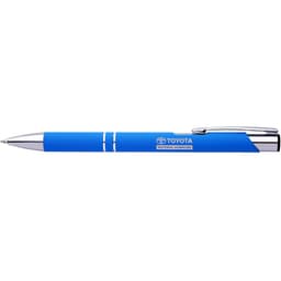 A blue rubber pen with a shiny silver clip, featuring a logo on the side.