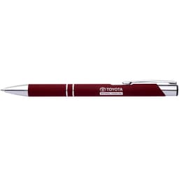 A burgundy rubber pen with silver accents and a branding logo.