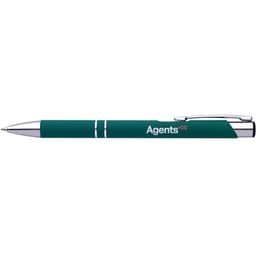A green rubber pen with silver accents and a branding logo.