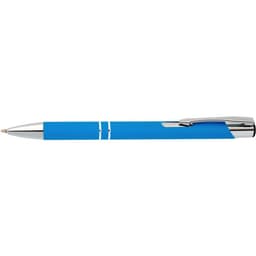 A blue rubber pen with chrome accents and a clip, featuring a sleek design and a logo.