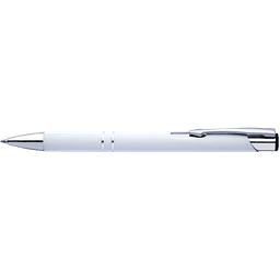A white rubber pen with a chrome clip and tip, featuring a sleek design and a branding logo.