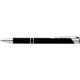 A black rubber pen with chrome accents and a clip, featuring a sleek design and a logo.