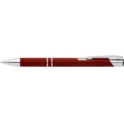 A red rubber pen with chrome accents and a sleek design. It features a logo on the body.