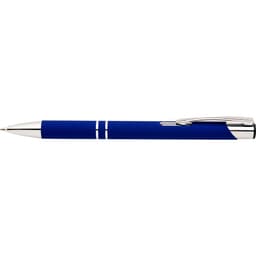 A blue rubber pen with silver accents and a clip. The pen features a sleek design.