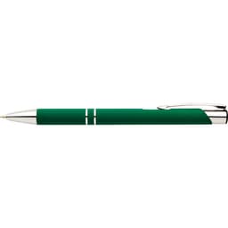 A green rubber pen with silver accents and a sleek design, featuring a logo on its side.