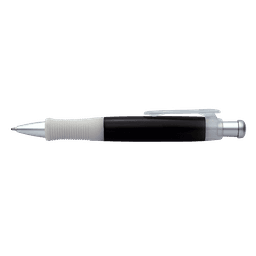 A pen with a black barrel, silver accents, and a white grip, featuring a clip on the side.