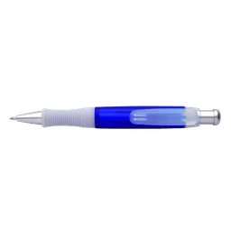A blue pen with a silver clip and a textured grip. The pen features a transparent barrel.