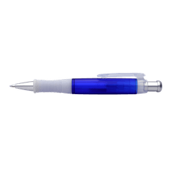 A pen with a blue transparent barrel and silver accents, featuring a white grip and clip.