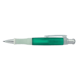A pen in shades of blue and green, featuring a textured grip and a silver clip, with a logo on the barrel.
