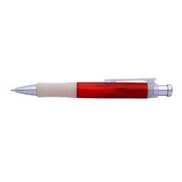 A red and silver pen with a textured grip and a clip. The pen features a logo on its body.