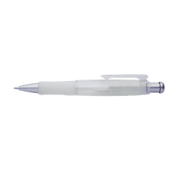 A pen in a translucent white casing with a silver clip and tip.