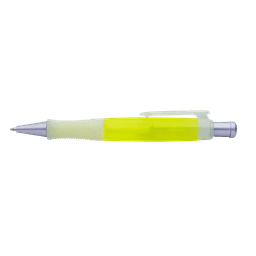 A yellow pen with a silver clip and grip, featuring a transparent body. It has a logo embossed on it.