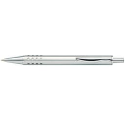 A silver pen with a sleek design and textured grip, featuring a clip and a logo.