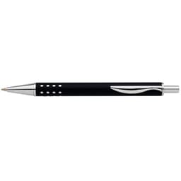 A black pen with a shiny silver clip and decorative silver dots, featuring a sleek design.