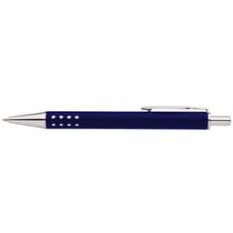 A blue pen with a sleek design and silver accents, featuring a logo on the surface.