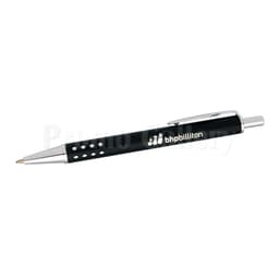 A black pen with silver accents and a branding logo. It features a sleek design with circular cutouts.