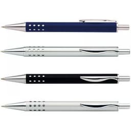 Four Concerto pens in navy, silver, and black, featuring chrome accents and a logo on the barrel.