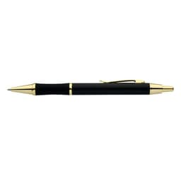 A black pen with gold accents, featuring a clip and a sleek design. It has a logo on its surface.
