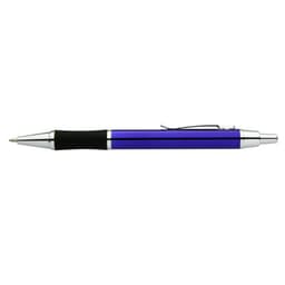 A purple and silver pen with a black grip and a metallic clip, featuring a branded logo.