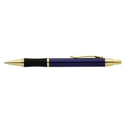 A purple and black pen with a gold clip and accents, featuring a polished finish. It has a logo on the body.
