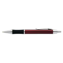 A red and silver pen with a black grip and a clip, featuring a sleek design and a branding logo.