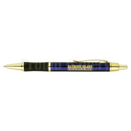 A blue and black pen with a gold trim and a logo featuring text on the barrel.
