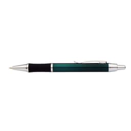 A green and silver pen with a black grip section and a shiny clip, featuring a branding logo.