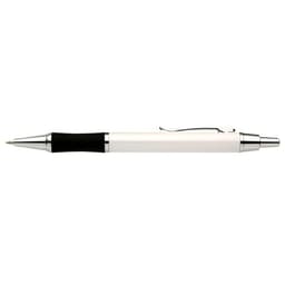 A pen featuring a white barrel, black grip, and silver accents, with a branding logo on the side.