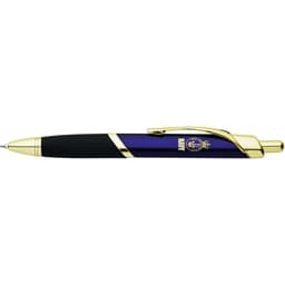 A purple and black pen with gold accents and a logo on its side.