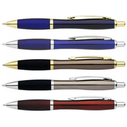 A set of five pens in varying colours: blue, black, brown, silver, and red, featuring different designs and finishes.