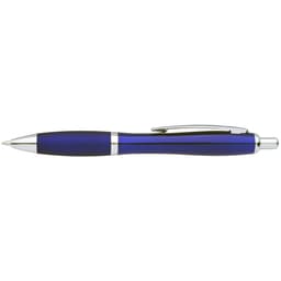 A blue pen with a silver clip and decorative accents. The pen features a smooth barrel design and branding.