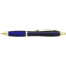 A blue and black pen with gold accents and a clip, featuring a logo on the barrel.