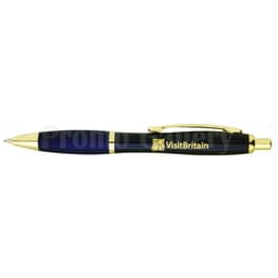 A black and gold pen with a branding logo on the side.